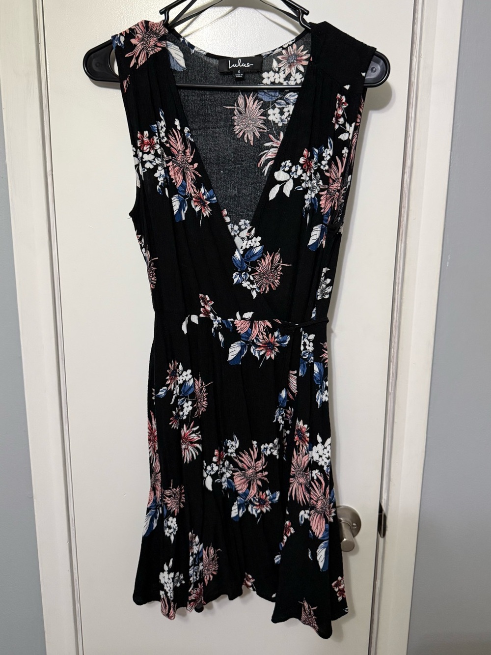 Lulu's Black Floral Wrap Dress with Pink and Blue Blooms